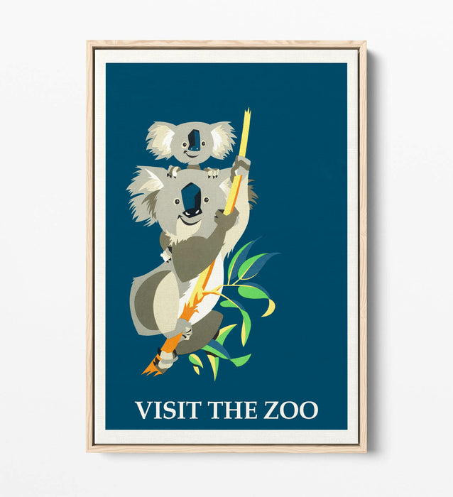 RETRO VINTAGE VISIT THE ZOO KOALA POSTER -FLOAT EFFECT CANVAS ART PRINT