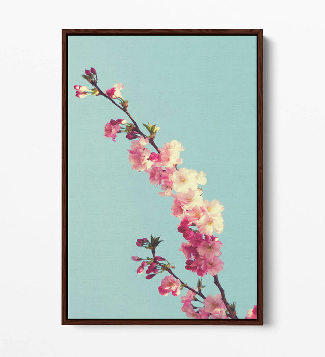 CHERRY BLOSSOM TEAL -FLOAT EFFECT CANVAS WALL ART PIC PRINT- CYAN