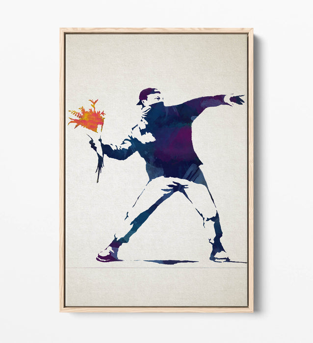 BANKSY, FLOWER THROWER WATERCOLOUR STYLE -FLOAT EFFECT CANVAS WALL ART PRINT