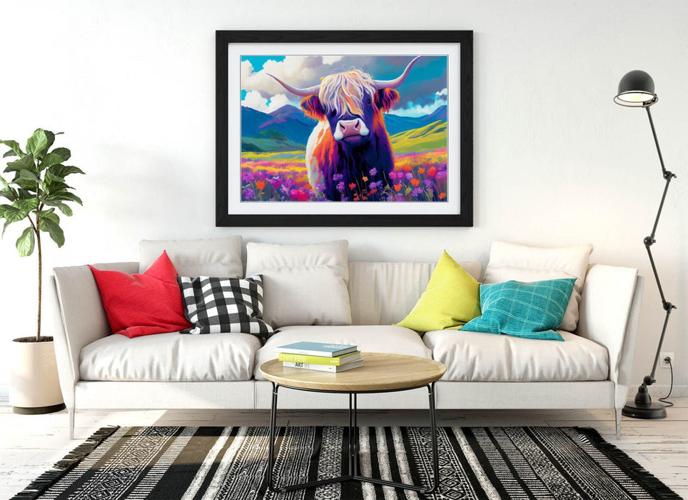 Highland Cow Wall Art – Colorful Landscape Poster With Natural Wood Frame