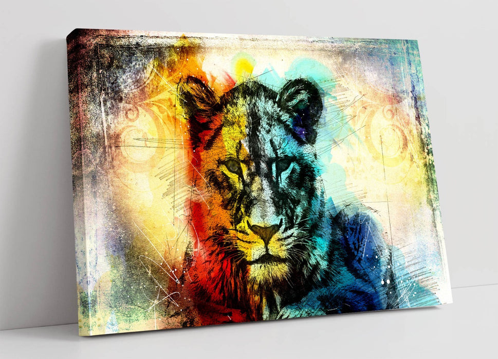 MULTI COLOUR LIONESS SKETCH -CANVAS FRAMED WALL ART PIC PRINT
