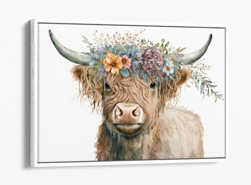 Highland Cow Canvas - Float Effect Canvas Wall Art With Flower Crown Print