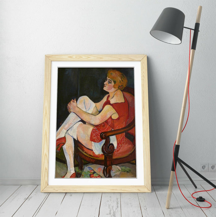 Framed Wall Art - Suzanne Valadon Woman In White Stockings Print With Woodgrain Frame