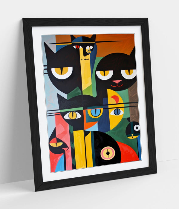 Bauhaus Cat Wall Art – Abstract Cat Poster Framed Wall Decor in Wood Grain Frame