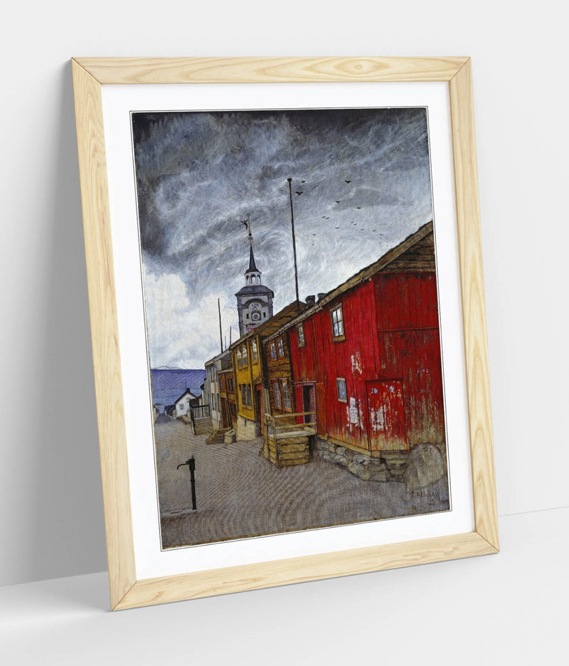 Framed Wall Art - Harald Sohlberg Street In Roros Poster Print With Woodgrain Frame