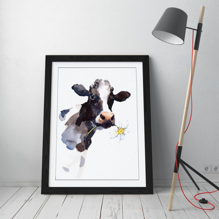 Watercolour Cow Wall Art – Framed Flower Art Print | Rustic Farmhouse Decor