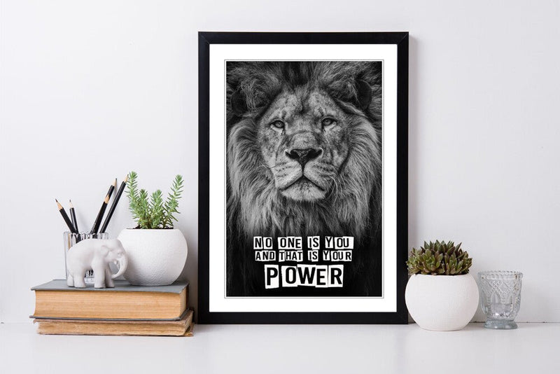 Lion Head Wall Art - Motivational Power Quote Framed Print With Wood Grain Frame
