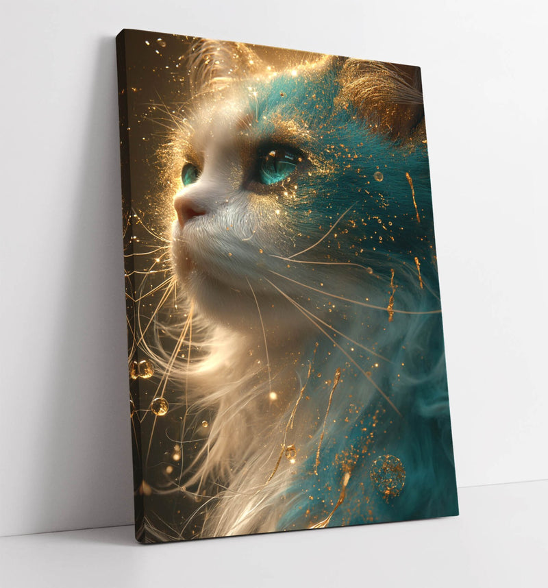 Blue Gold Cat Canvas - Vibrant Canvas Wall Art | Handmade Ready To Hang