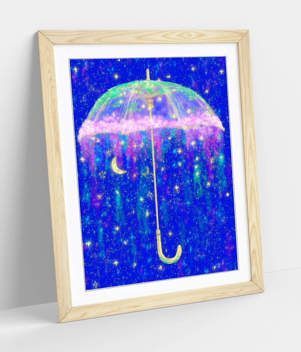 Framed Wall Art - Sparkly Umbrella Poster Print with Starry Sky in Natural Wood Frame