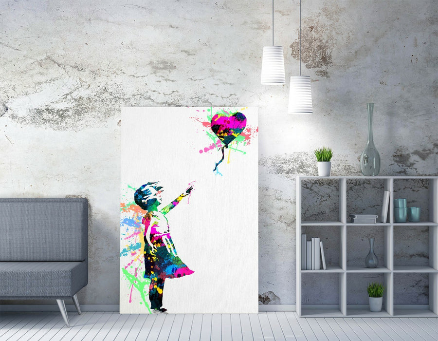 BANKSY, BALLOON GIRL RAINBOW SPLASH ART -CANVAS WALL ART PRINT ARTWORK FRAMED