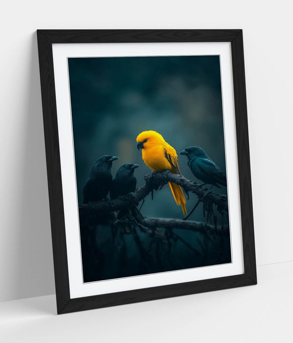 Framed Wall Art Poster - Yellow Bird & Black Crow Tree Print With Wood Grain Frame