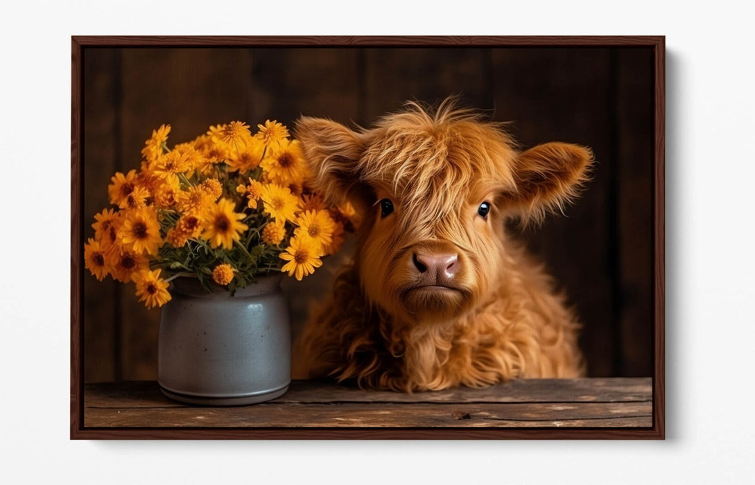 Canvas Wall Art – Baby Highland Cow With Flowers | Handmade Float Effect Canvas Print