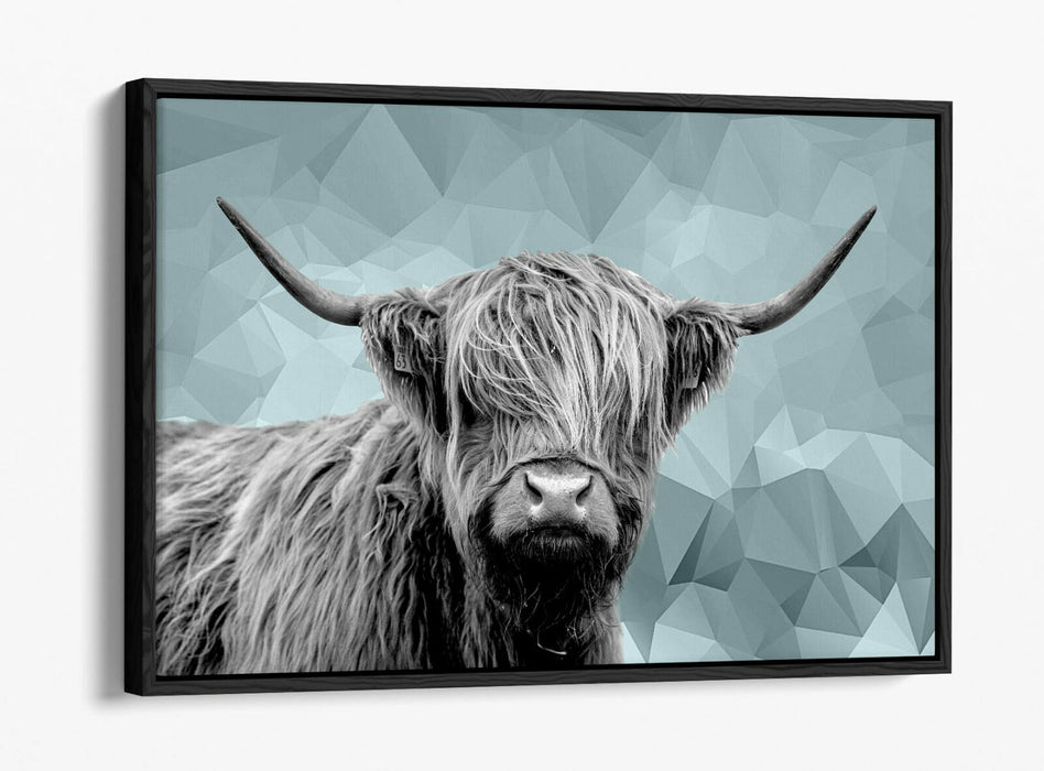 HIGHLAND COW DUCK EGG BLUE GEOMETRIC -FLOAT EFFECT CANVAS WALL ART PIC PRINT-
