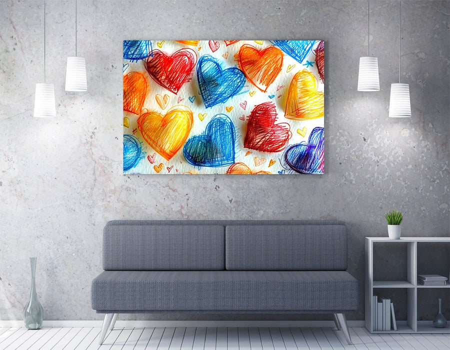 Canvas Wall Art – Multi Colour Drawn Hearts on White Background Print