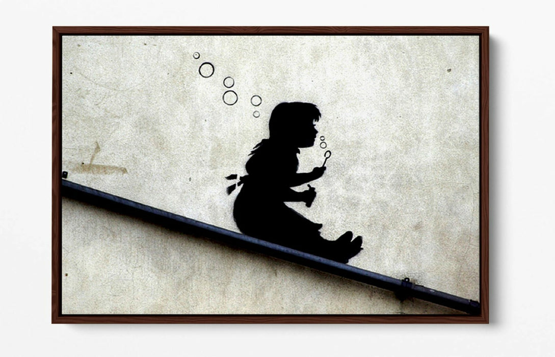 BANKSY GIRL SLIDE -FLOAT EFFECT CANVAS WALL ART PIC PRINT- BLACK & WHITE