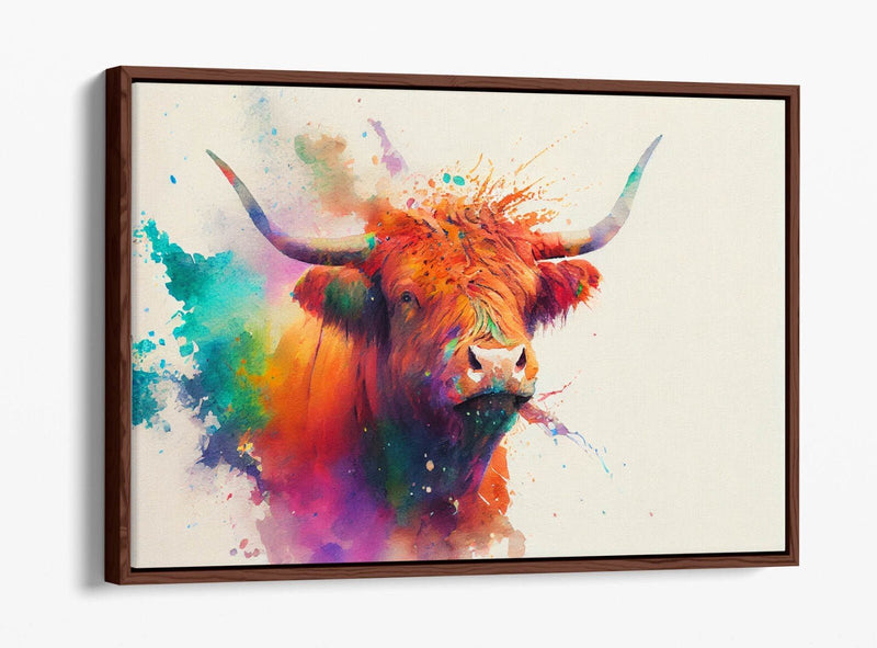Highland Cow Canvas Art – Colorful Watercolour Float Effect Print on Deep Frame