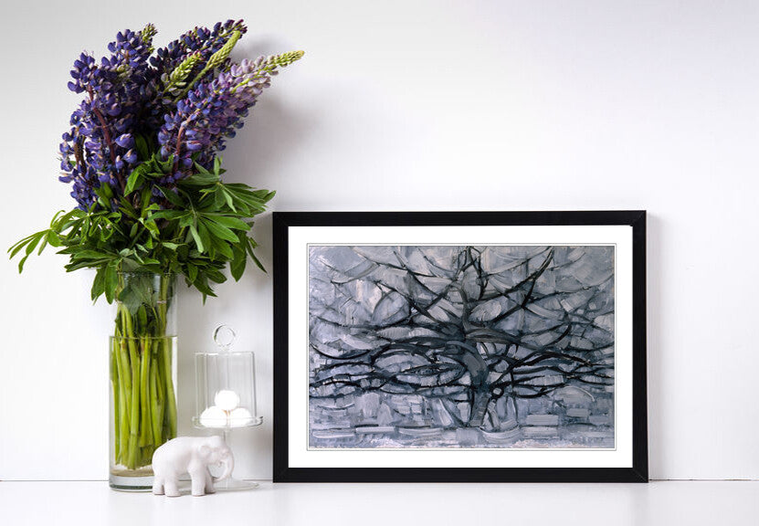 Mondrian Framed Wall Art – Abstract Geometric Art Print With Wood Grain Frame