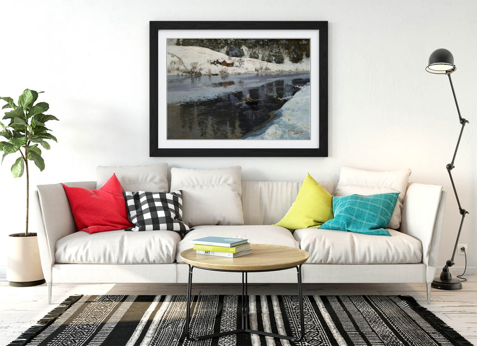 Framed Wall Art – Frits Thaulow Winter River Painting with Woodgrain Frame