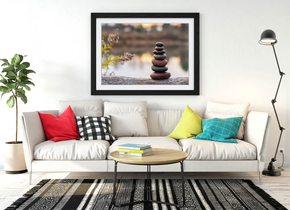 Zen Stones Wall Art – Framed Brown Stacked Stones Print on Tree Trunk | Home Decor