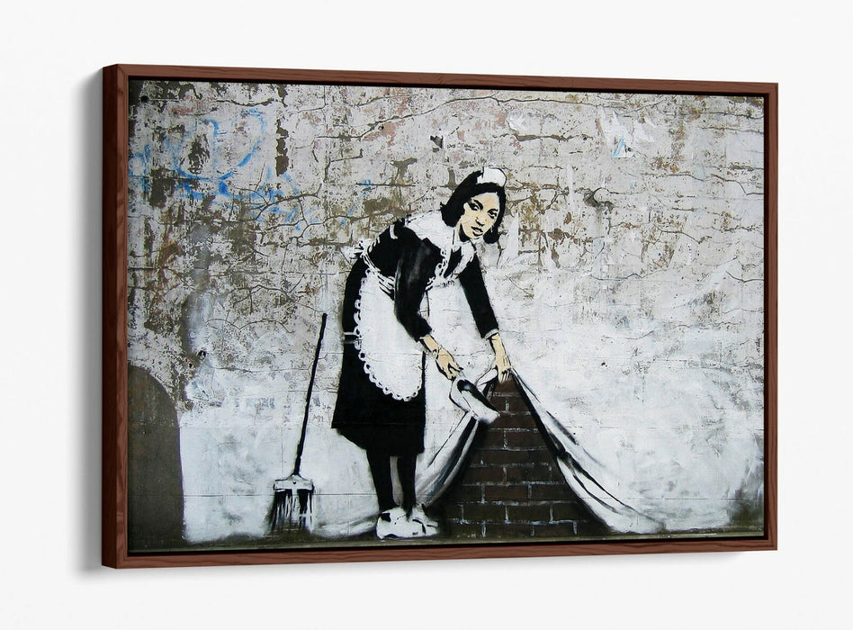 BANKSY SWEEPER -FLOAT EFFECT CANVAS WALL ART PIC PRINT- BLACK WHITE