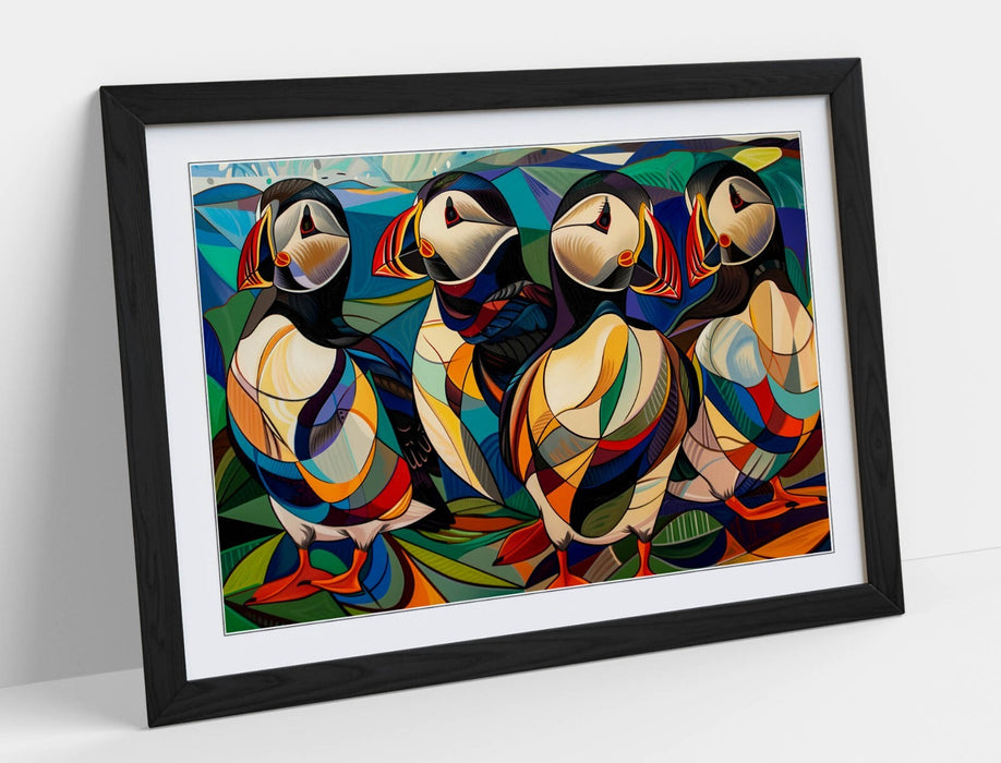 Puffins Wall Art – Framed Bird Print on Matte Paper with Natural Wood Frame