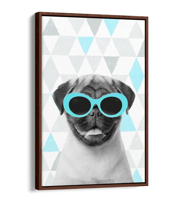 PUG SUNGLASSES TURQUOISE GREY GEOMETRIC -FLOAT EFFECT CANVAS WALL ART PIC PRINT