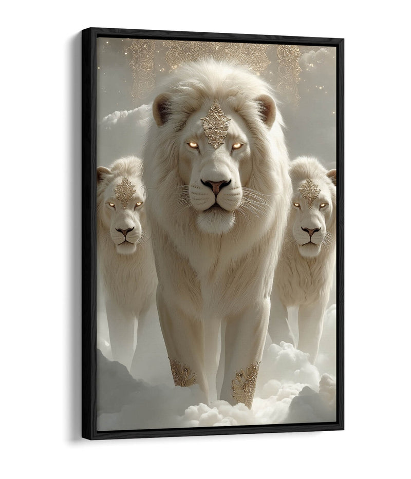 White Lions Canvas Art - Mystical Fantasy Wall Art With Float Effect Frame
