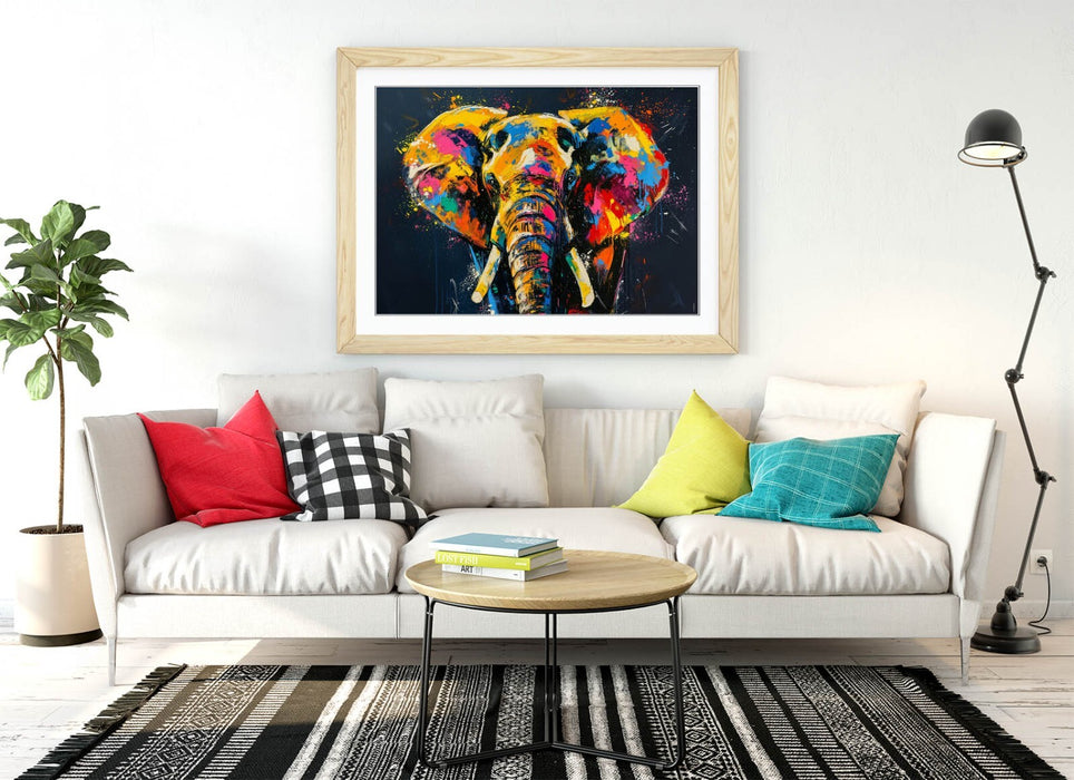 Framed Wall Art - Multi Colour Abstract Elephant Print With Wood Grain Frame