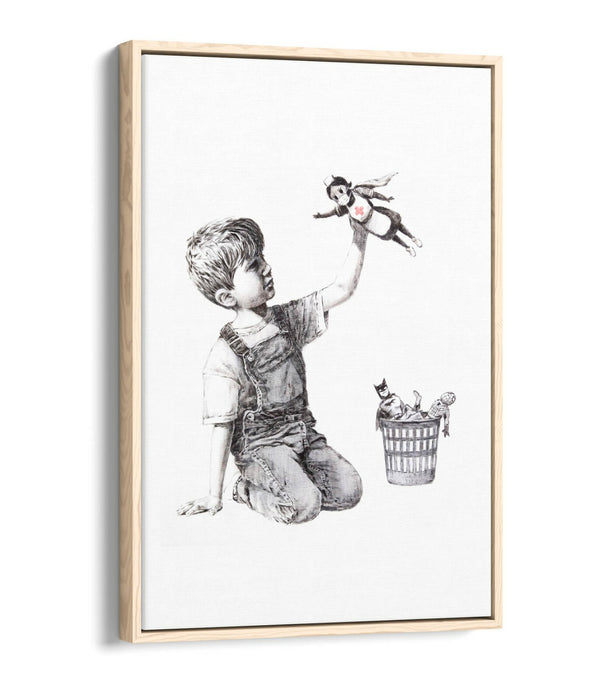 BANKSY SUPER HERO NURSE -FLOAT EFFECT CANVAS WALL ART PIC PRINT- GREY