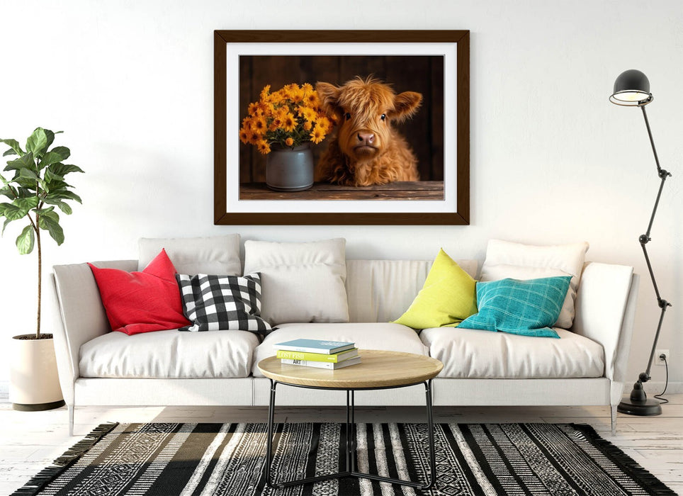Baby Highland Cow Art – Framed Wall Art Poster Print with Flowers | UK Handmade