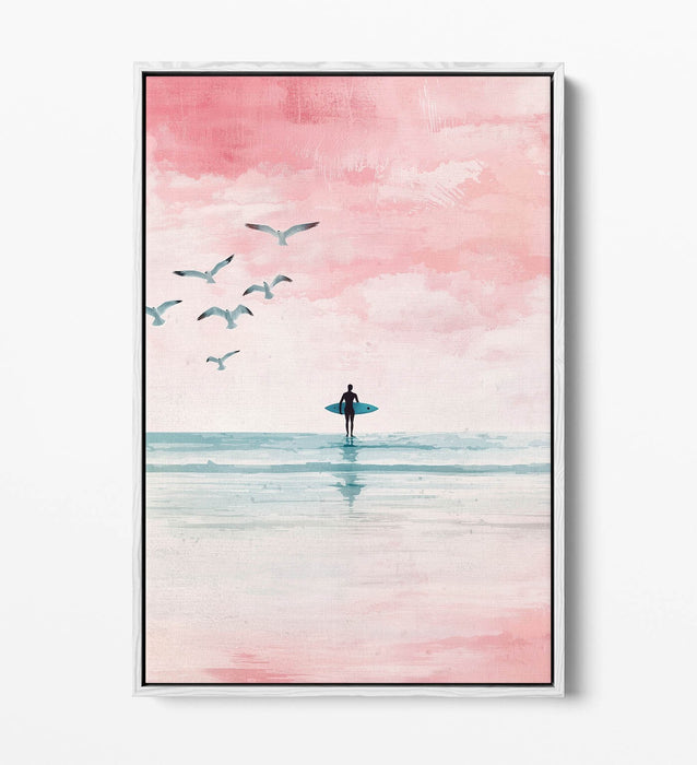 Canvas Wall Art – Minimalist Silhouette Surfer Pink Beach Float Effect Print
