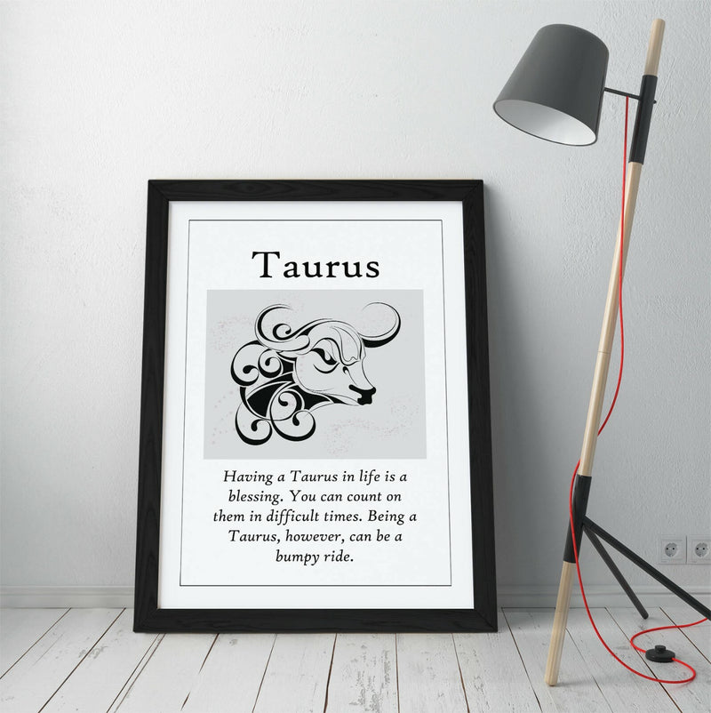 Taurus Star Sign Art | Framed Astrology Quote with Natural Wood Grain Frame
