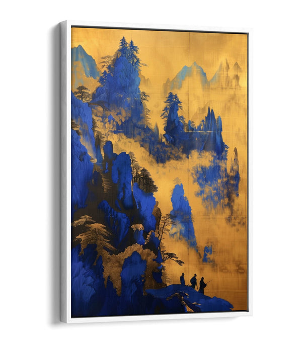 Canvas Wall Art - Blue Yellow Foggy Forest Cliff Landscape Float Effect Print