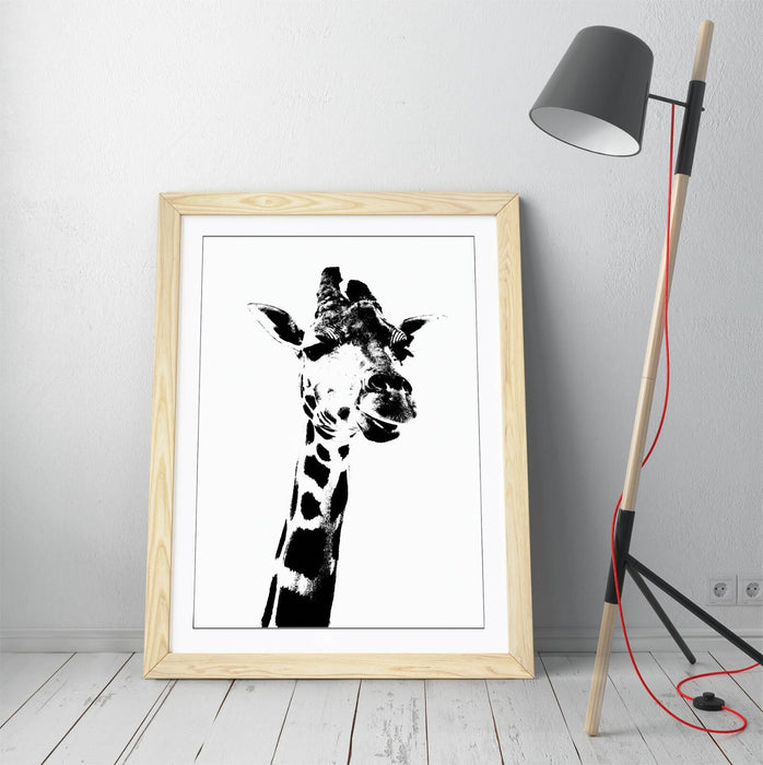 GIRAFFE, BLACK AND WHITE ANIMAL STENCIL STYLE -WALL ART PRINT POSTER ARTWORK