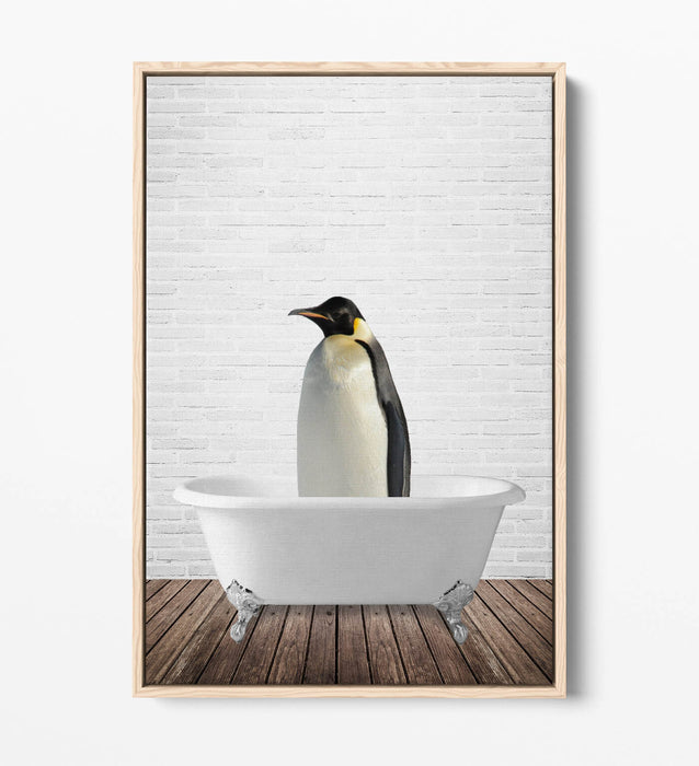 PENGUIN IN BATHTUB -QUIRKY BATHROOM FLOAT EFFECT CANVAS WALL ART PRINT