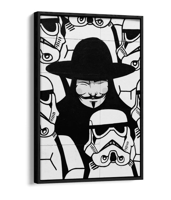 GUY FAWKES STORMTROOPERS GRAFFITI -FLOAT EFFECT CANVAS WALL ART PIC PRINT- BLACK