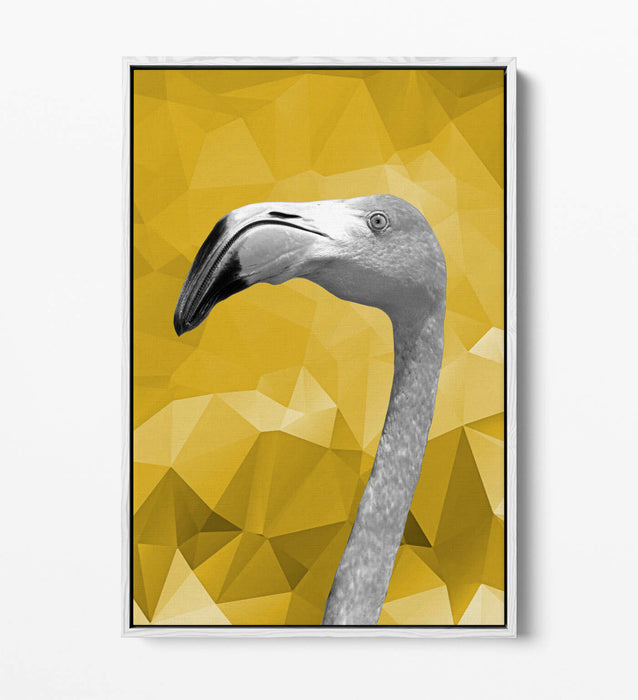 MUSTARD GEO FLAMINGO -FLOAT EFFECT CANVAS WALL ART PIC PRINT- BLACK & WHITE