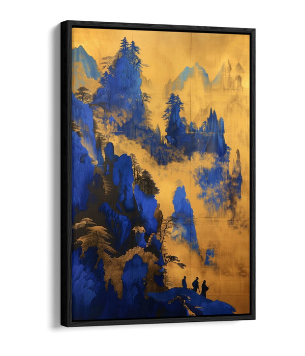 Canvas Wall Art - Blue Yellow Foggy Forest Cliff Landscape Float Effect Print