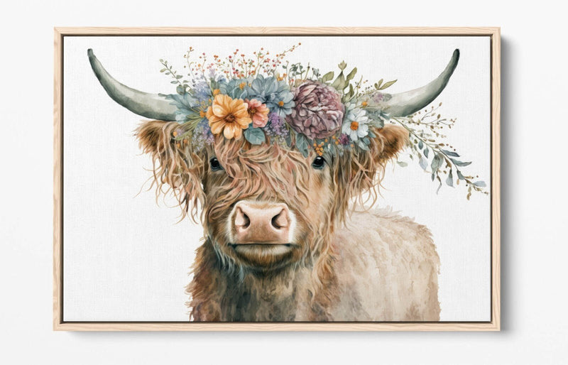 Highland Cow Canvas - Float Effect Canvas Wall Art With Flower Crown Print