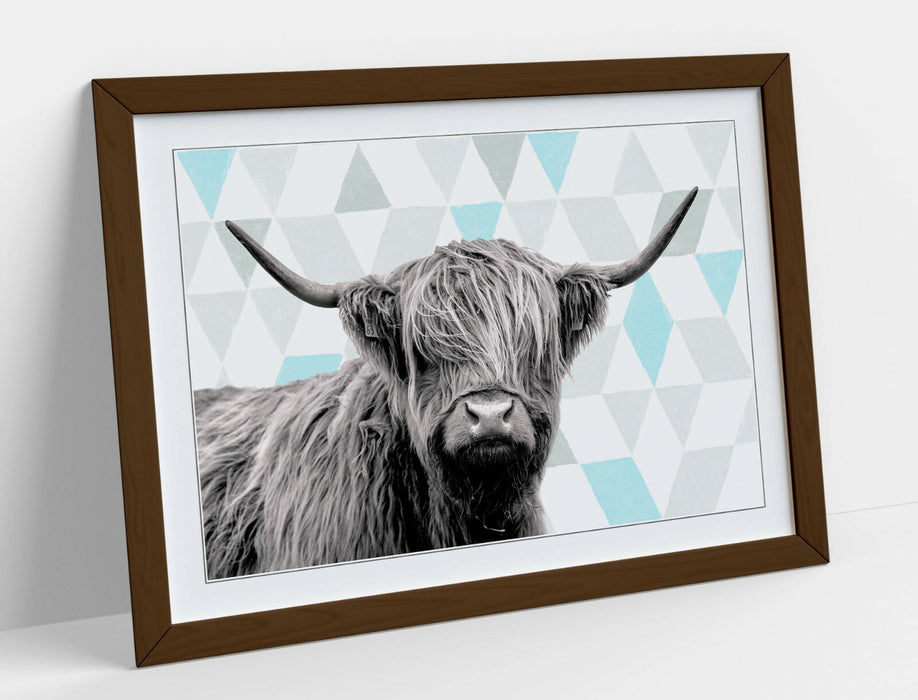 HIGHLAND COW TURQUOISE GEOMETRIC LIGHT -ART FRAMED POSTER PICTURE PRINT ARTWORK-