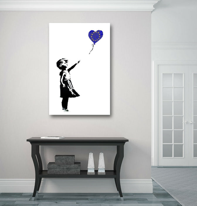 BANKSY BALLOON GIRL EUROPEAN EURO BLUE CANVAS WALL STREET ART PRINT FRAMED