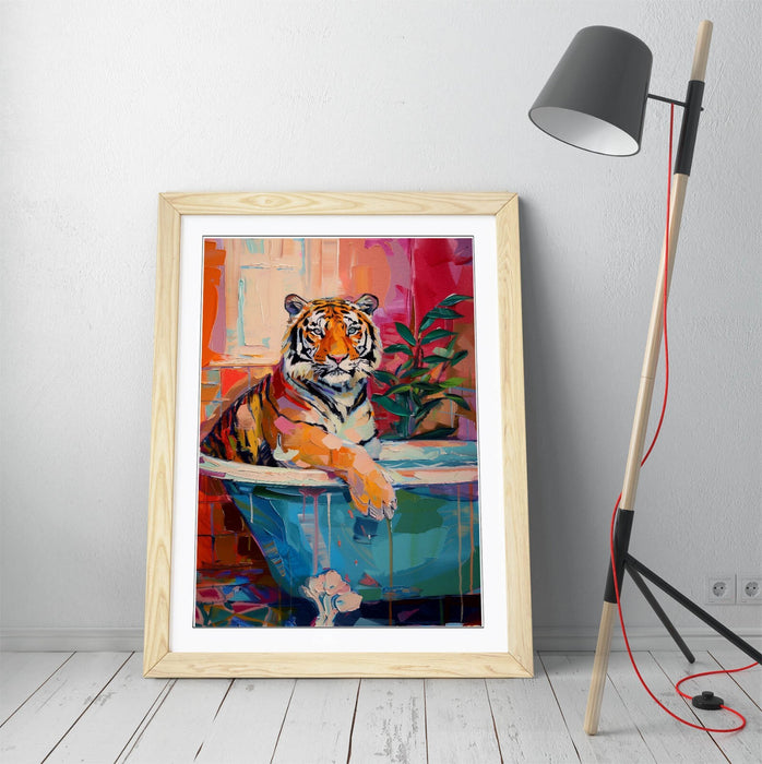 Framed Wall Art - Multi Color Tiger Print in Woodgrain Frame | Handmade UK Poster