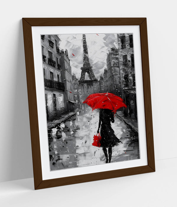 Red Umbrella Wall Art – Paris City Poster | Framed Black & White Decor Print