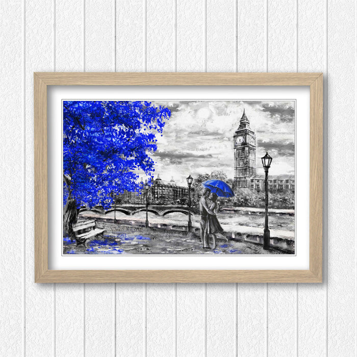 London Big Ben Grey Blue Umbrella Wall Art Picture Framed Poster Print 4 sizes