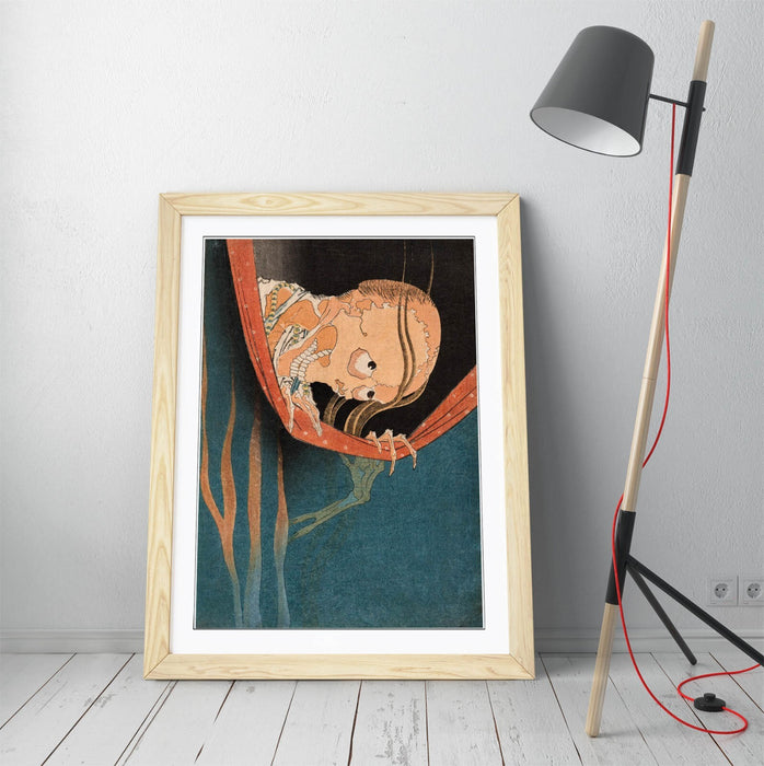 Framed Wall Art Featuring Katsushika Hokusai Ghost of Kohada Koeji Poster Print – Handmade Wood Grain Frame