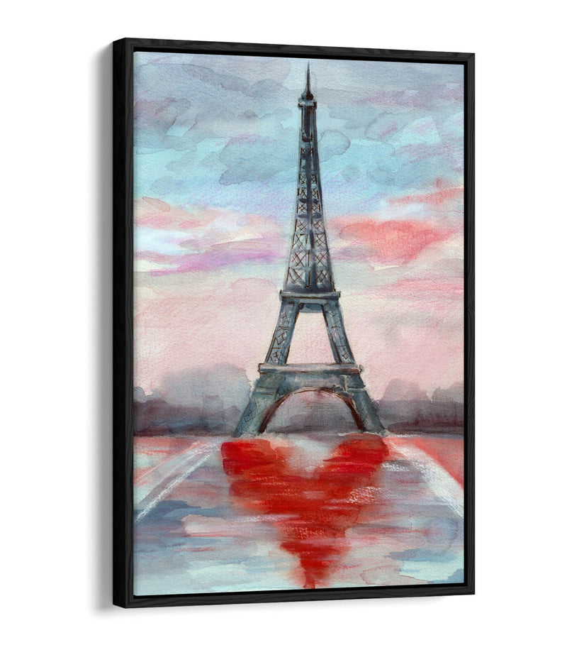Eiffel Tower Canvas Art – Paris Watercolour Print With Heart Design | Float Effect Frame