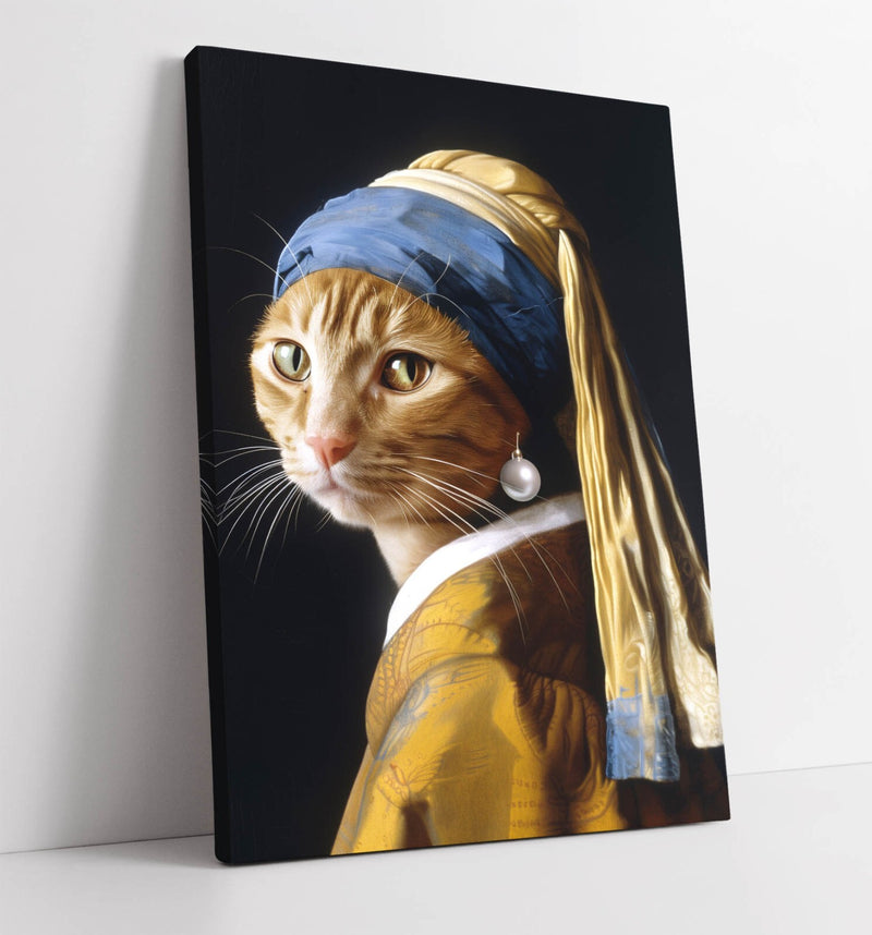 Cat Pearl Earring Art - Funny Decor Canvas Wall Art Print with Premium Varnish Finish