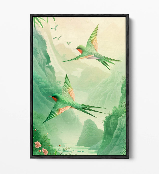 Canvas Art Print - Pink Green Swallows Flying | Handmade UK Vibrant Wall Art