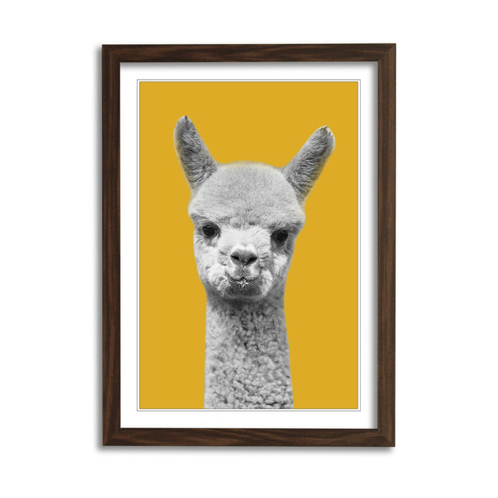 Happy Alpaca Wall Art – Framed Black White Poster With Yellow Mustard Decor