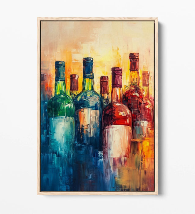 Canvas Wall Art – Abstract Colourful Bottles Of Wine Faded Float Effect Print